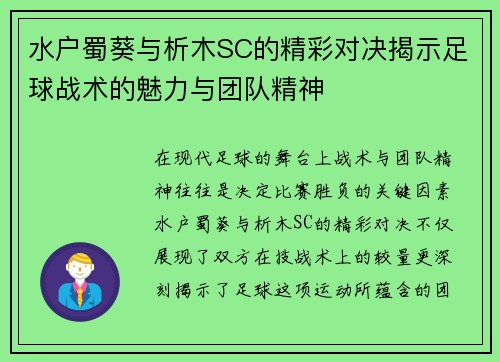 水户蜀葵与析木SC的精彩对决揭示足球战术的魅力与团队精神 水户蜀葵与析木SC的精彩对决揭示足球战术的魅力与团队精神